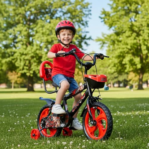 Image of Amazon Brand - Jam & Honey Kids 14T Bicycle | Sturdy Steel Frame | EVA Tyres | Adjustable Seat & Handlebar | Training Wheels | Front Basket | Red
