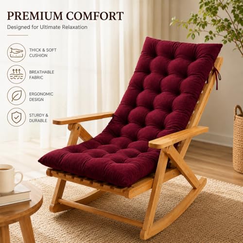 Image of KYNE Rocking Chair Cushion 18 x 50 Inch Thick Tufted Chair Cushion with Backrest and Seat Pad Soft Premium Fabric Polyester Filling Non Slip Indoor Outdoor Rocking Chair Replacement Cushion (Maroon)