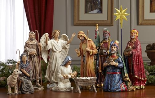 Nativity Scene Set with 11 Pieces - Magi, Angel, Shepherds, Jesus, Real Gold Trunk