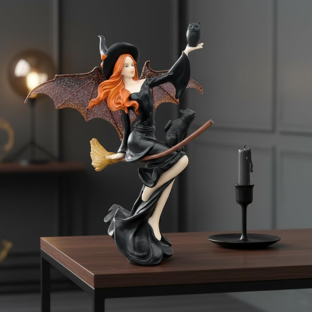 Comfy Hour 9" Dark Fairy Witch Figurine on Broom, Fantasy Sorceress with Black Cat Statue, Mystical Home Office Desktop Decor Accent, Polyresin Artisan Crafted Sculpture, 1 Piece