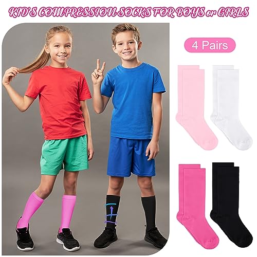 4 Pairs Kids Compression Socks 15-20 mmHg Knee Length Compression Stockings Travel Socks for Kids Childrens4