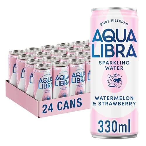 AQUA Libra Sparkling Water, Sugar Free Fruit Water, No Sugar, No Calories, Strawberry & Watermelon, 330 ml, Pack of 24 Cans