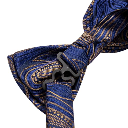 Image of Hi-Tie 5Pcs Mens Solid Color Silk Tie Satin Pretied Bowtie Lapel Pin for Men Handkerchief Cufflink Wedding Gift Box