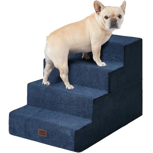 Image of EHEYCIGA Dog Stairs for Bed 20 inch H, 4-Step Extra Wide Dog Steps for High Bed, Pet Steps for Small Dogs and Cats, Non-Slip Balanced Pet Ramp Indoor, Navy Blue