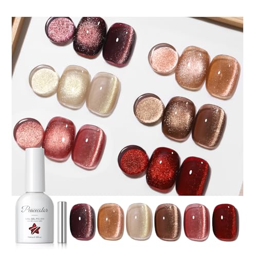 PEACECOLOR Cat Eye Gel Nail Polish Set, 6PCs Fall Colors Glitter Red Brown Nude Sparkle Magnetic...