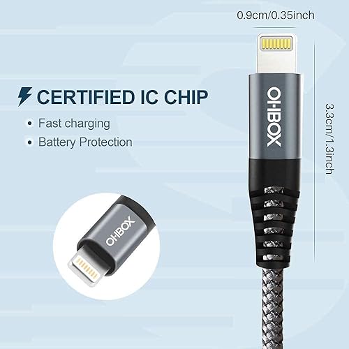 Miniatura 6 de ohbox Paquete de 3 cargadores para iPhone de 10 pies, cable de carga USB con certificación MFI, cable Lightning USB de carga rápida compatible con
