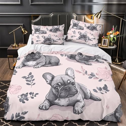 Housse de Couette Bouledogue Français Parure Sans Repassage Lit Simple Facile à Laver