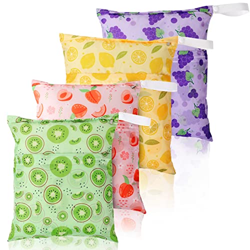 Image of Frienda 4 Pieces Wet Dry Bag for Baby Waterproof Reusable Washable Diaper Bag Sealed with Handle for Travel, Beach, Swimsuit, Diapers, Dirty Gym Clothes and Toiletries (Fruit)