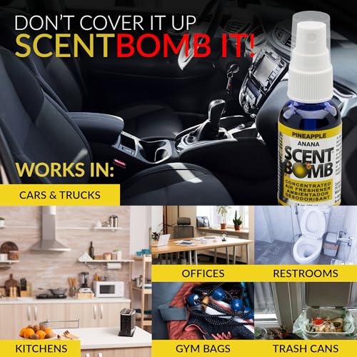 Image of Scent Bomb Air Freshener Spray, Long-Lasting Odor Eliminator - Effective Deodorizer for Home & Car, Fresh Room Spray for Kitchen, Bathroom & Smell Neutralizer - 1 oz Pack of 4, Pineapple Scent