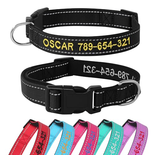 Collare Cane Personalizzato Riflettente, Morbido Neoprene Imbottito, Regolabile con Ricamo Nome e Numero di Telefono, Taglie Piccola Media Grande per Cani