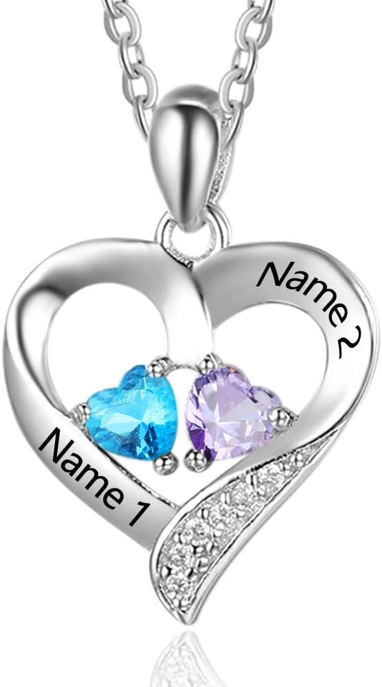 Personalized Birthstone Necklace for Mom - Custom Name Necklace with Heart Pendant - Sterling Silver Family Jewelry Gifts for Women, Grandma, Daughter - Mothers Day Birthday Gifts