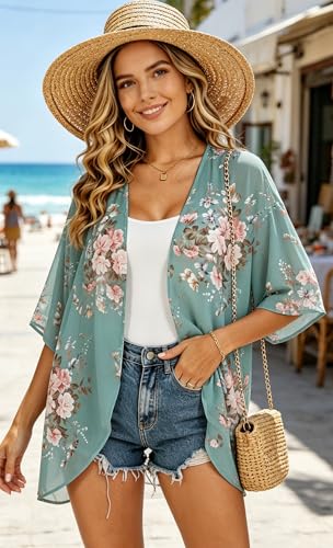 Image of FINOCEANS Womens Floral Chiffon Kimono Cardigans Loose Beach Cover Up Half Sleeve Tops