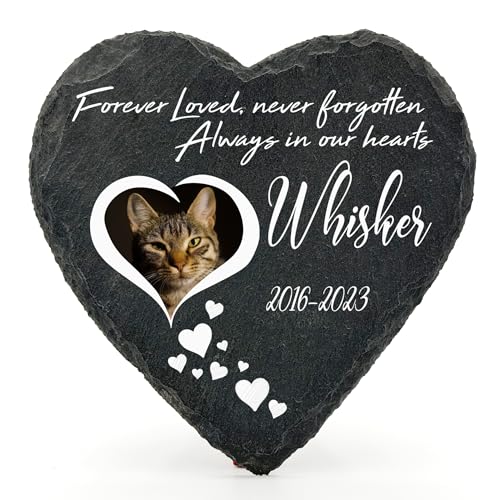 TULLUN Targa commemorativa personalizzata a forma di cuore, per animali domestici, gatti, cani, ardesia, cornice in pietra naturale, con zampe, cuori, cuore, dimensioni: 10 x 10 cm o 10 x 10 cm
