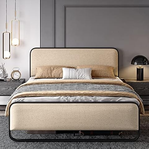 SHA CERLIN Queen Size Platform Metal Bed Frame with Curved Upholstered Headboard and Footboard, Large Under Bed Storage, No Box Spring Needed, Modern, Beige Cover