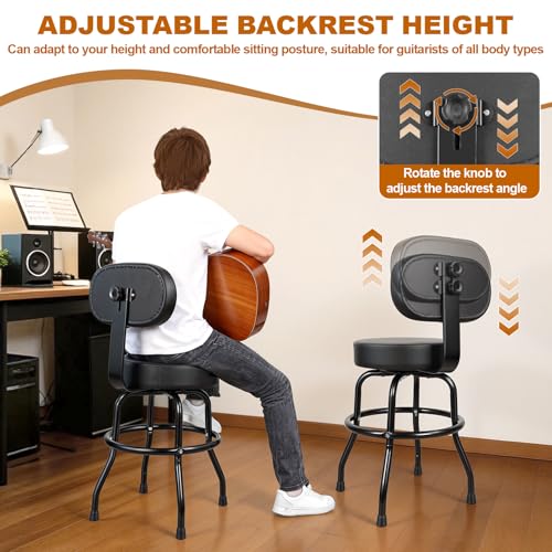Image of 360 Degree Swivel Guitar Stool with Backrest & Footrest - Padded Cushion, Heavy Duty Iron Frame, Non-Slip Base for Acoustic Electric Bass Practice, Home Studio Stage (Black-d)
