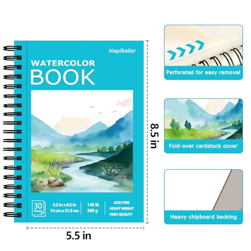 Image of Hapikalor 5.5 inchx8.5 inchWatercolor Small Sketchbook for Kids, 30 Sheets (60 Pages) Spiral Bound, Water Color Paper, 140lb /300gsm Watercolor Paper, Watercolor Notebook, Watercolor Journal, Sketch Pad, Teal