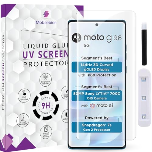 Image of Mobilebies Premium HD+ UV Tempered Glass Screen Protector For Motorola G96 5G (6.67 Inch, Pack of 1) Full Adhesive UV Curved Screen Protector Case Friendly HD Clarity with installation kit & Guide
