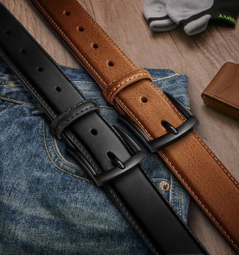Image of BULLIANT Men Belt 2Pack-Leather Belt 7Holes Comfortable For Men's Dress Casual Jeans 1 3 /8 inch