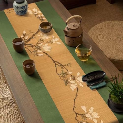 Asian Style Bamboo Table Runner Ancient Chinese Paintings Zen Table Mat Placemat for Home Office Party Decor (Magnolia 12x48 Inch)