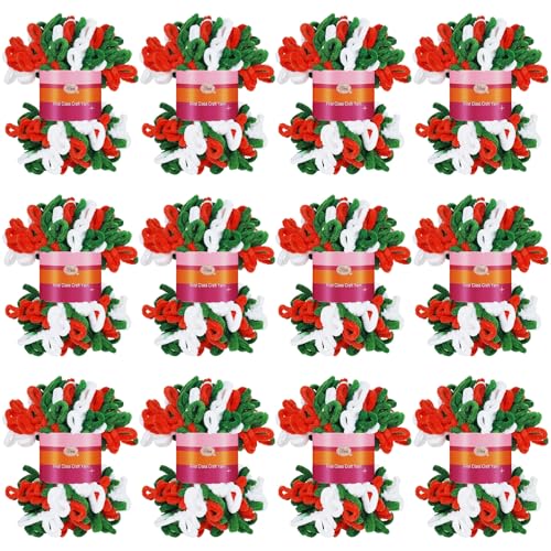 Image of Threlaco 12 Skein Christmas Loop Yarn for Finger Knitting, Red, White,Green