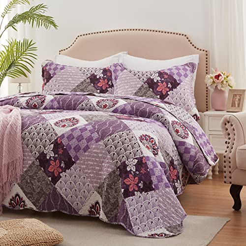 King Size Quilt Set 3 Pieces Lightweight Reversible Bedspread-98''x106'' Soft Patchwork Floral Coverlet Luxurious Warm Microfiber Bed Cover All Seasons Purple Bedding Set(1 Quilt,2 Pillow Shams)