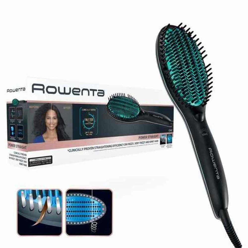 Rowenta Powerstraight Glättbürste, CF5820, Alle Haartypen, Glätten Mit Dreifachwirkung, Strahlender Glanz, Einstellbare Temperaturen, Geschütztes Haar, 1.8 m, schwarz & grün, 1 Stück (1er Pack)