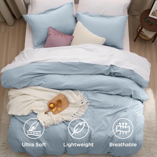 Image of Bedsure Prewashed Duvet Cover Queen, Cotton-Like Bedding Set, Light Blue | Ultra Soft, Relaxed Texture, 90 inchx90 inch Breathable Comfort, Hidden Zipper, 8 Corner Ties, Easy Care, OEKO-TEX, Year-Round Use
