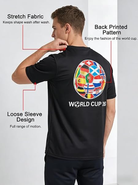 Mens T-Shirts World Cup 2026 Merchandise Funny Football Shirts Summer Short Sleeve Crew Neck Tops Loose Tees Casual Blouse Training Hiking Workout Athletic Tee Black - 4