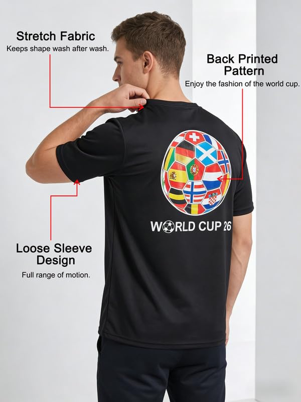 Mens T-Shirts World Cup 2026 Merchandise Funny Football Shirts Summer Short Sleeve Crew Neck Tops Loose Tees Casual Blouse Training Hiking Workout Athletic Tee Black - 4