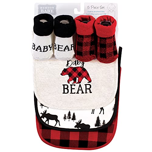 Image of Hudson Baby Unisex Baby Cotton Bib and Sock Set, Baby Bear Plaid, One Size