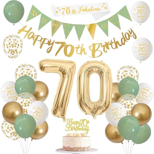 70th Birthday Decorations Sage Green Gold White 70th Birthday Banners Balloons Cake Topper Sash Bunting Flags Number Helium Balloons for Men Women 70th Party Decor