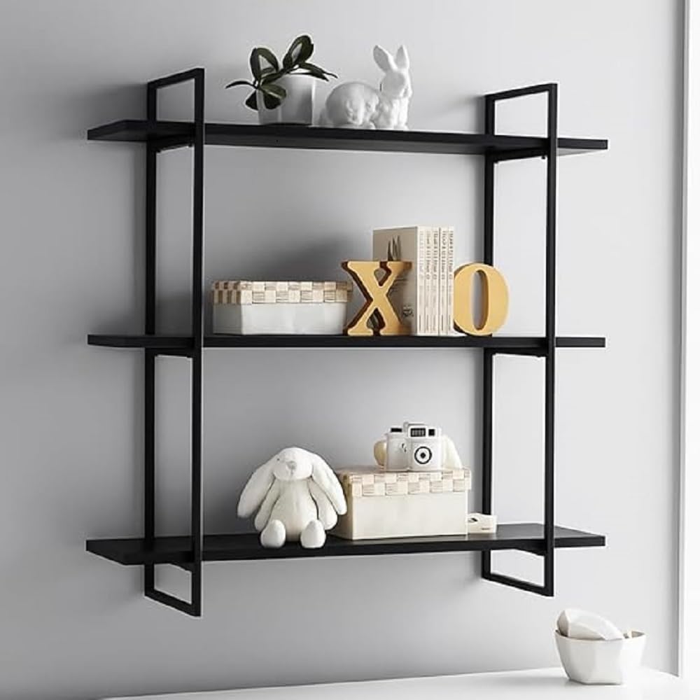 FURNIFOX Metal and Wood Wall Shelf Floating Wooden Shelves Wall Mounted Iron Real Wood Book Shelves,Wall Shelves 3 Tier Bookshelf Shelving (Full Black)-image-48