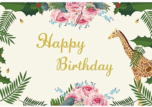 DORCEV 7x5ft Happy Birthday Backdrop for Jungle Animal Theme Children Birthday Party Photography Backgrond Giraffe Pink Flowers Green Leaves Kids 1st Birthday Party Banner Kids Photo Studio Props