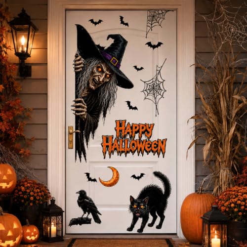 44.88 x 15.75 in Halloween Door Decals Giant Witch Cat Stickers