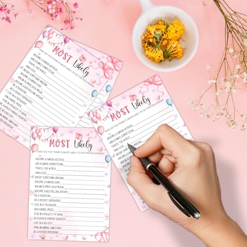 Image of Pink Slumber Party Games Card - Sleepover Stuff - Coquette Pink Bow Themed Sleepover Slumber Party Supplies -Birthday Night Games Creative Idea -Most Likely- 20 Game Cards