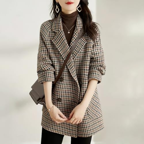 chouyatou Womens Fall Winter Casual Business Plaid Wool Coat Loose Double Breasted Dressy Blazer Pea Coat2