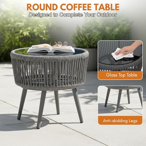 Image of DEVOKO Outdoor Rope 3 Piece Handwoven Crown Shape Rope Chair & Glass Top Side Table with Metal Frame for Garden, Pool, Deck, Backyard, Balcony (Grey)