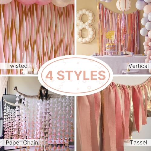 Image of PartyWoo Pink and Gold Crepe Paper Streamers 8pcs 656ft Pack of Baby Dusty Pink Gold Ivory White Crepe Paper Streamers for Birthday Baby Shower Graduation Wedding Bachelorette Party Decorations