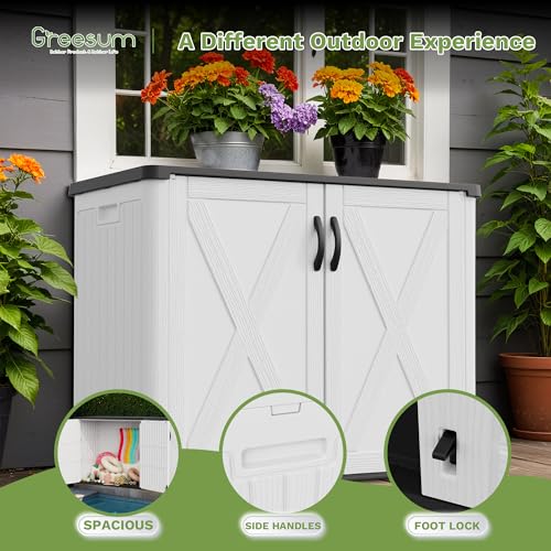 Image of Greesum Outdoor Storage Cabinet, 26 CUFT Deck Box Without Shelves, Waterproof Plastic Storage Shed for Patio Cushions, Gardening Tools, Sidehandles and Lockable, UV Resistant, White