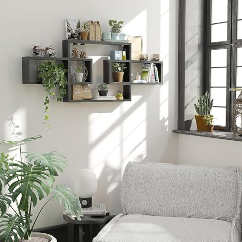 Image of Wooden Wall Shelves for Living Room, Bedroom Wall Mounted Rectangle Bookcase, Intersecting Wall Shelves for Storage Modern Decorative Display Shelves for Wall Decor (Black)