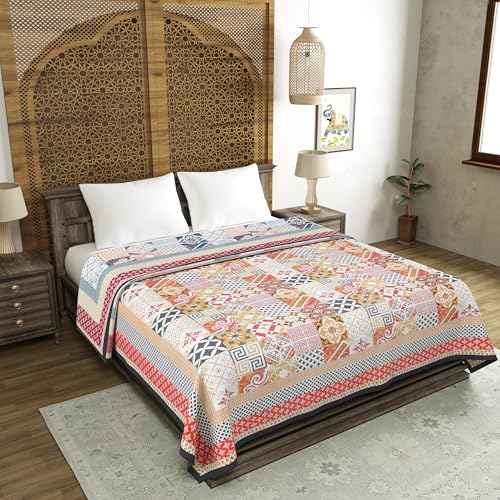 Image of BLOCKS OF INDIA 100% Cotton Dohar King Size Reversible Hand Block Printed Malmal Summer Dohar /Blanket (Orange Ikat, 300 Tc)