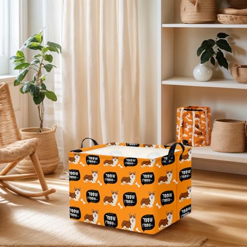 Image of Woof Dog Basket Storage Bin, Orange | For Chew Toys, Pet Supplies Organizer, Pet Organizer, Dog Room Decor