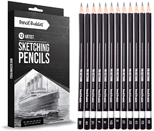 Pencil Buddies Professional Drawing Sketching Art Pencils Set - 12 Graphite Drawing Pencils for Sketch Art and Shading 8B, 6B, 4B, 3B, 2B, B, HB, F, H, 2H, 4H, 6H Ideal for Beginners and Pro Artists