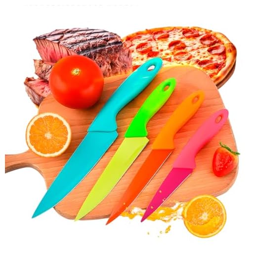 Jogo De Facas Coloridas Kit Com 4 Peças Aço Inox Para Cozinha, Churrasco, Legumes, Frango, Peixe, Salmão, Pizza, Carne, Verduras, Frutas, Linha Premium RV Globi.