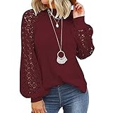 Camisa de Manga Larga de Encaje Elegante para Mujer Blusa Holgada Informal con Cuello Redondo (Vino Rojo, XXL)