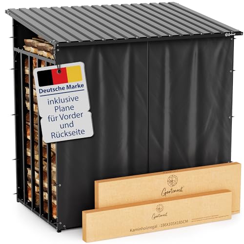 Gartenzeit® Kaminholzregal Außen XXXL 186x105x185cm – 3,45m³, 5,25SRM, Metallrahmen 30x30mm, Metalldach, feuerverzinkt, 105cm tief, Brennholzregal Holzstapelhilfe Holzunterstand Außen… (FH_003)