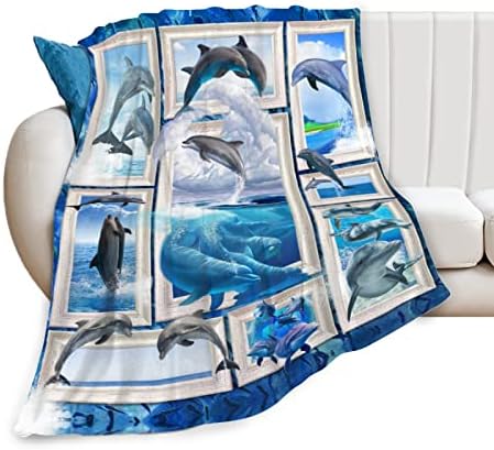HUGDIY Sea Dolphin Fleece Throw Blanket 54"x70", Soft Cozy Blanket, Lightweight Fuzzy Fluffy Plush Blanket for Bed Sofa Travel