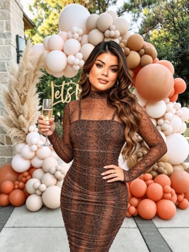 Image of MOEENCN Women's Sexy Long Sleeve Sheer Mesh Midi Bodycon Dress 2 Piece Set