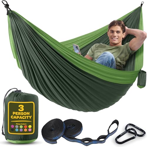Image of Durable Hammock 550 lb Capacity, Nylon Camping Hammock Chair - Double or Single Sizes w /Tree Straps and Attached Carry Bag - for Travel /Backpacking /Beach /Backyard (X-Large, Forest Green & Lima Green)