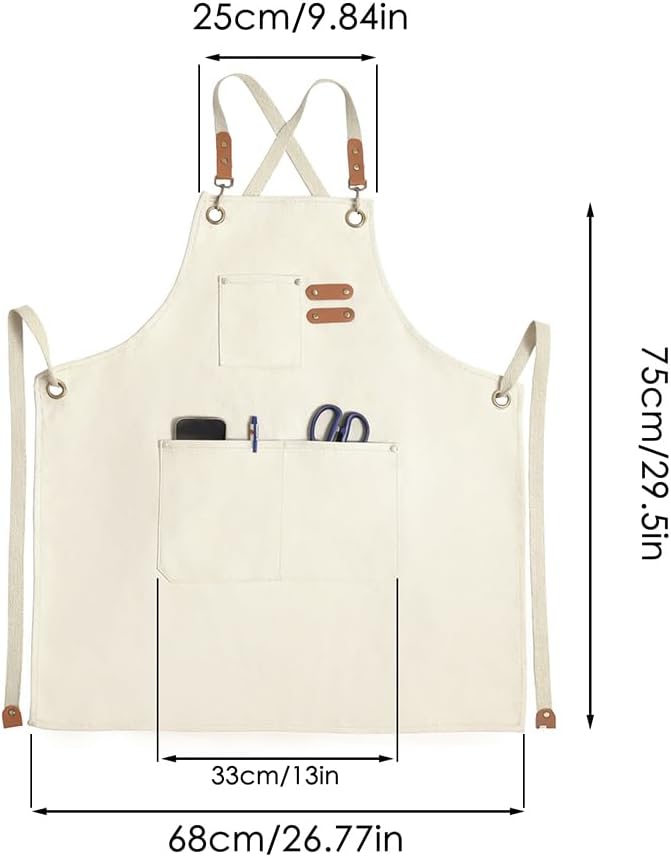 Chef Apron for Women Men with 3 Pockets, Cotton Canvas